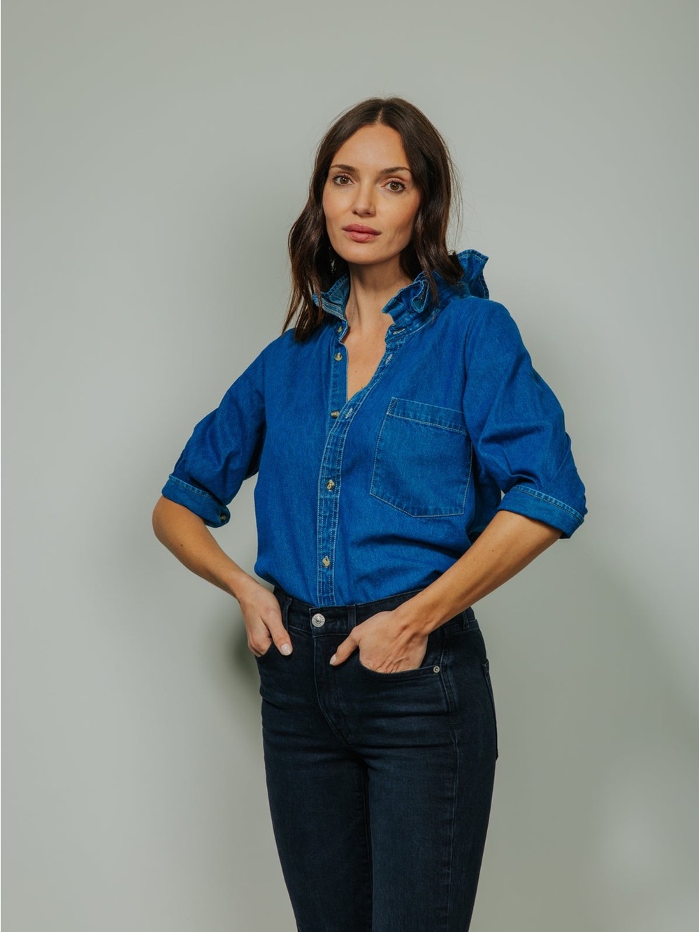 KMJ Southern Lover Denim Denim Ruffle Button-Front Shirt - Picture 4 of 10